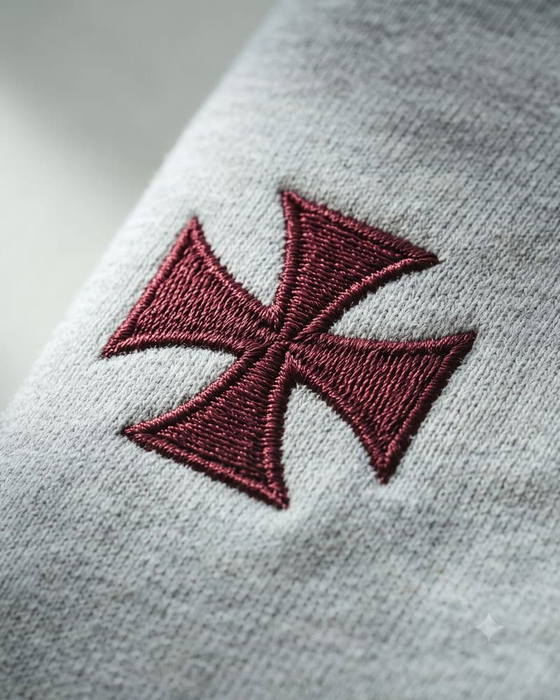 High-density embroidered cross pattée in deep red on heather grey fleece
