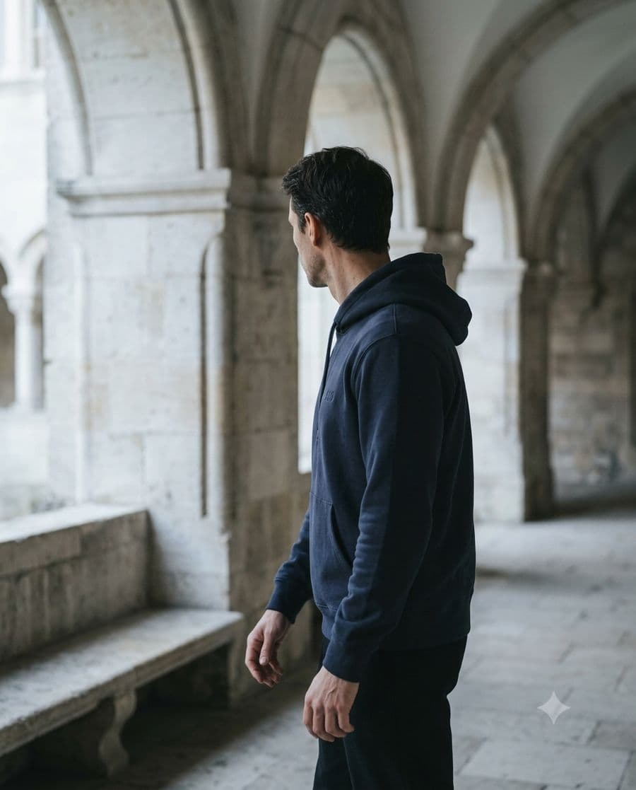 Man seen from behind in a navy hoodie walking through a stone cloister