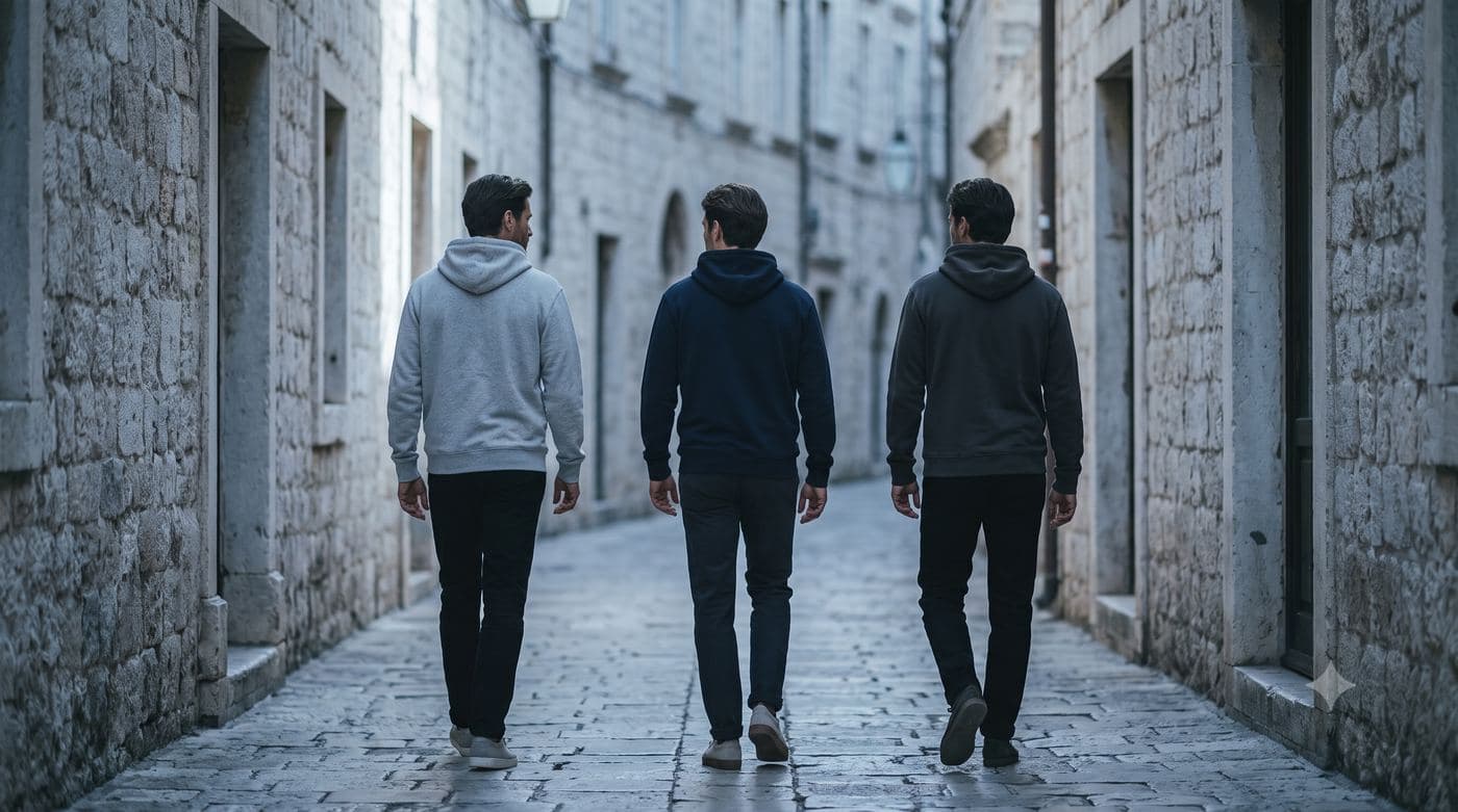 Three men seen from behind walking down a medieval stone street at dawn